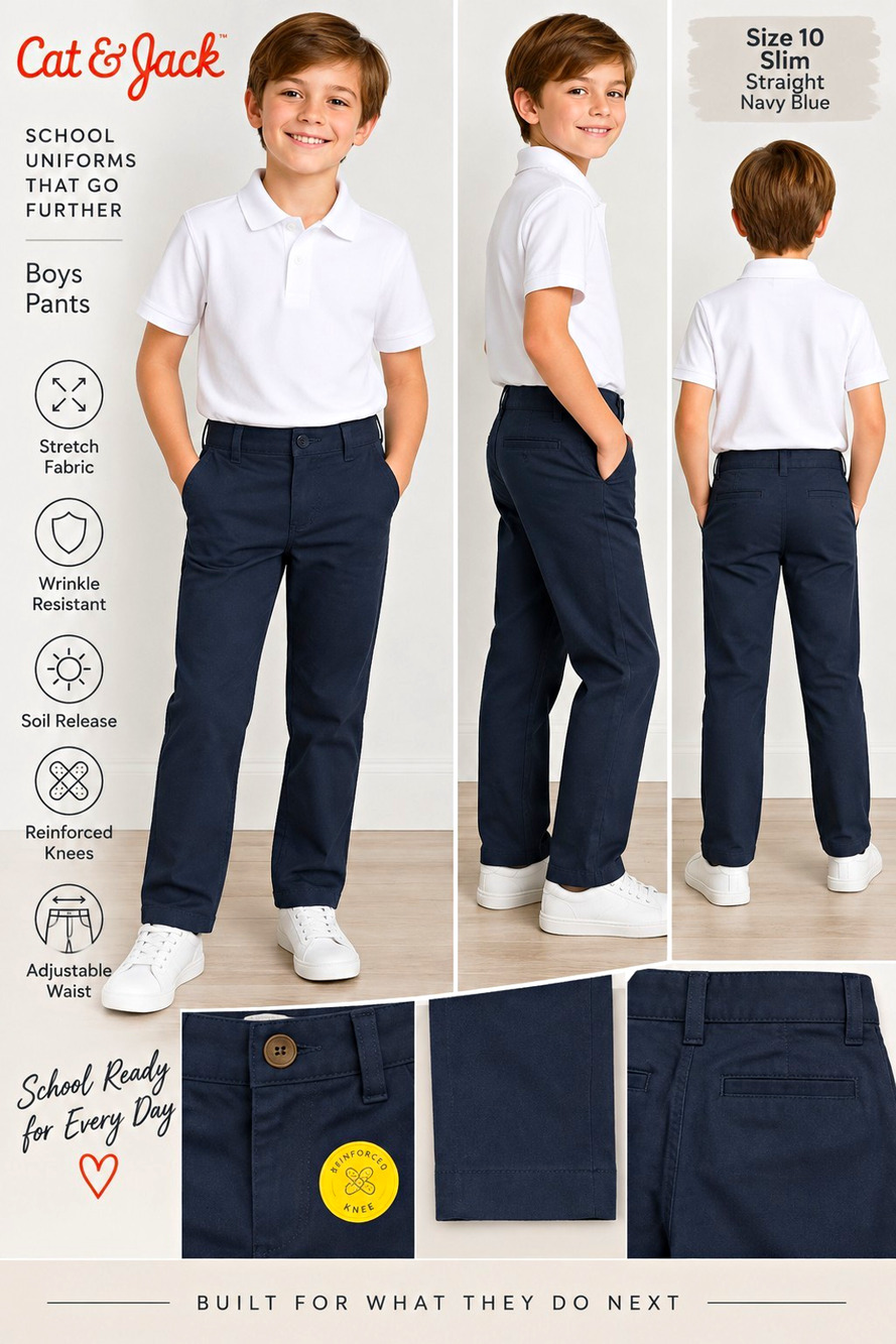 Cat & Jack Boys School Uniform Pants Size 10 Slim Navy Blue Straight NWT